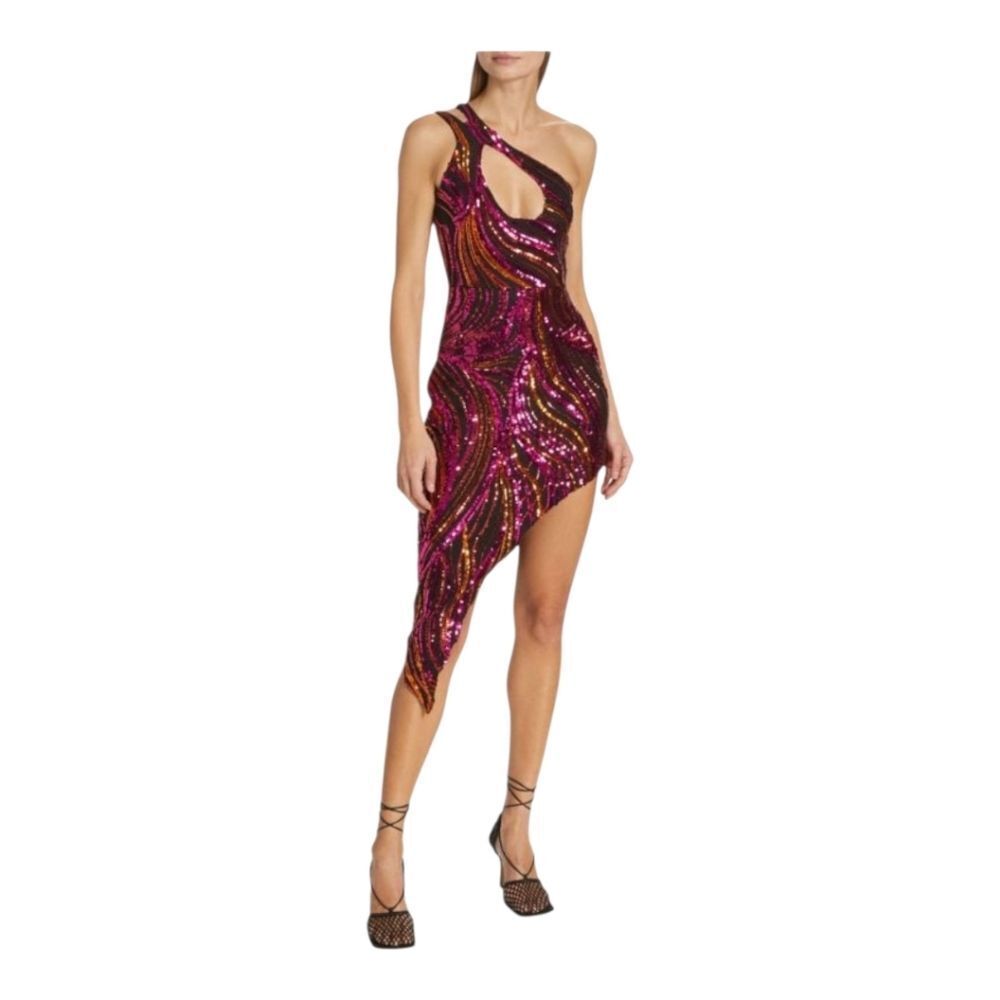 Halpern Sequin One Shoulder Cutout Mini Dress Pink Purple Asymmetric Sparkle.